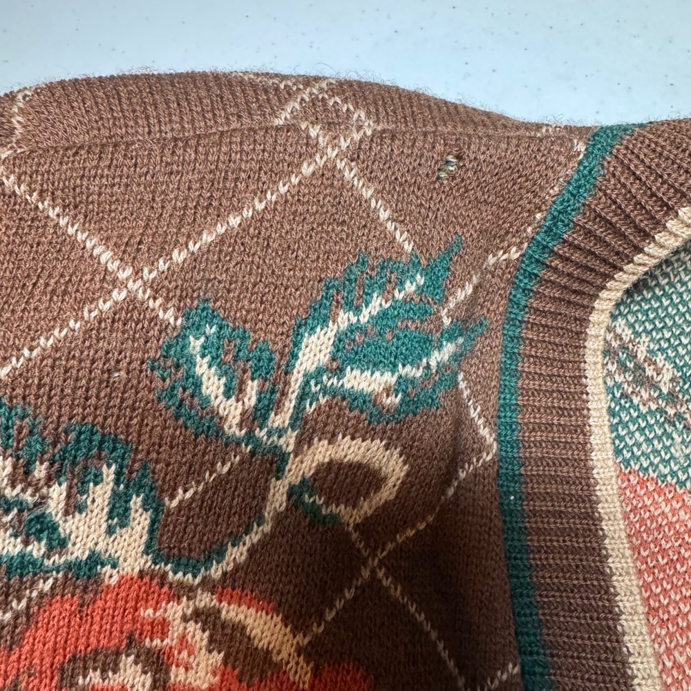 Vintage Cottagecore Floral Virgin Wool Cardigan M Brown Grandma Sweater Flawed - Picture 9 of 14